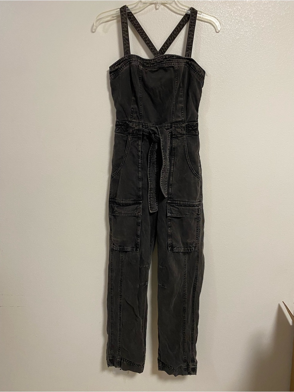 Free People Jumpsuit Women Size XS Black Go West Open Back Cargo Jumpsuit